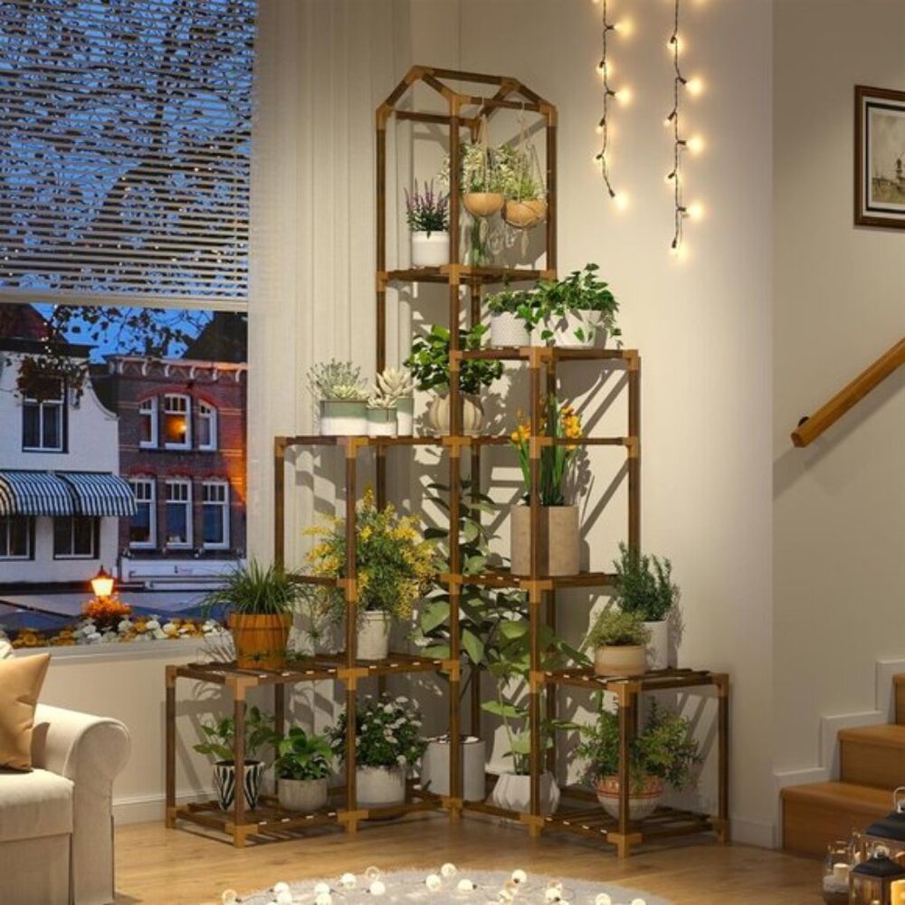 New 64.2In Tall Plant Stand, Corner Wood Shelf for 13–19 Pots for Home Decor - Picture 2 of 7
